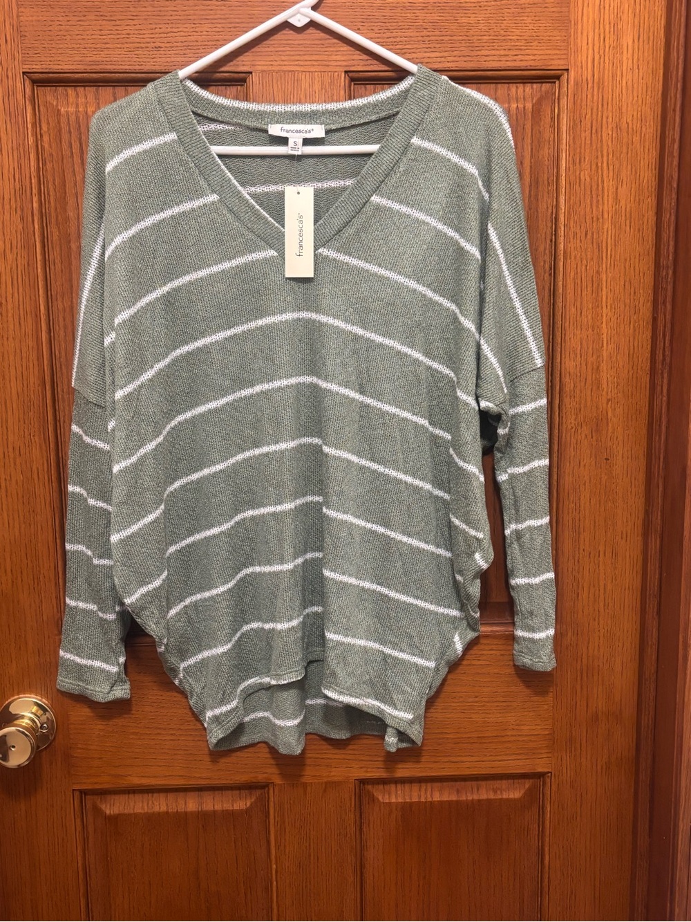 Francesca's Sage Green & White Striped V-Neck Sweater Top. Sz S. NWT